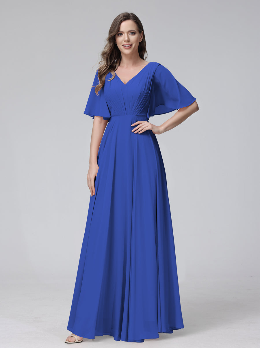 A-Line V-Neck Half Sleeves Long Chiffon Bridesmaid Dresses With Ruffles Pockets