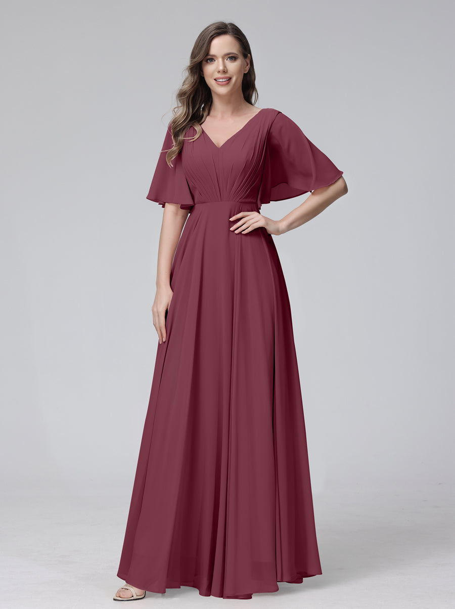 A-Line V-Neck Half Sleeves Long Chiffon Bridesmaid Dresses With Ruffles Pockets