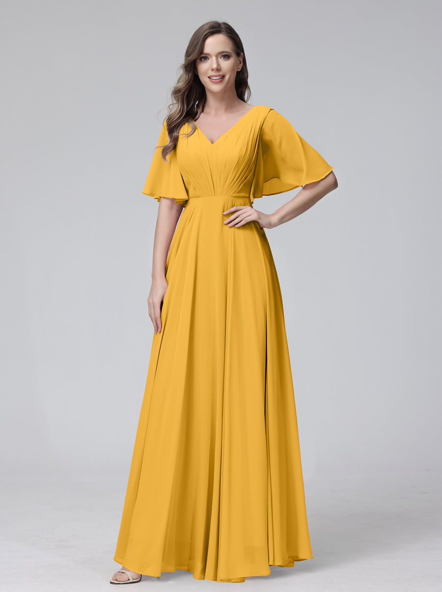 A-Line V-Neck Half Sleeves Long Chiffon Bridesmaid Dresses With Ruffles Pockets