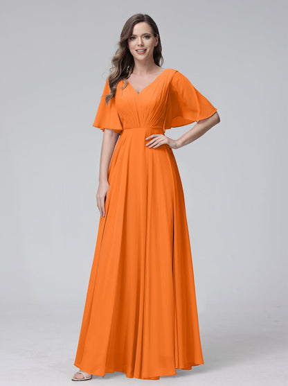 A-Line V-Neck Half Sleeves Long Chiffon Bridesmaid Dresses With Ruffles Pockets