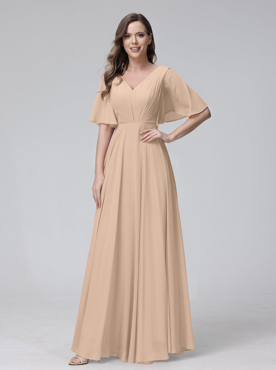 A-Line V-Neck Half Sleeves Long Chiffon Bridesmaid Dresses With Ruffles Pockets