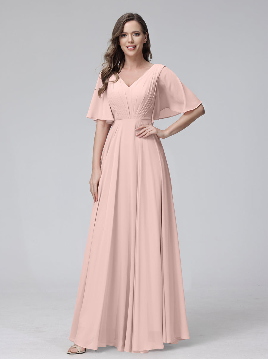 A-Line V-Neck Half Sleeves Long Chiffon Bridesmaid Dresses With Ruffles Pockets