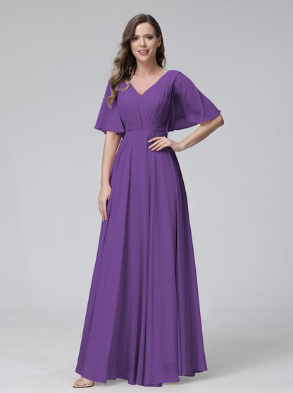 A-Line V-Neck Half Sleeves Long Chiffon Bridesmaid Dresses With Ruffles Pockets