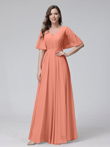 A-Line V-Neck Half Sleeves Long Chiffon Bridesmaid Dresses With Ruffles Pockets