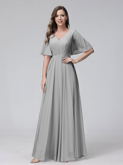 A-Line V-Neck Half Sleeves Long Chiffon Bridesmaid Dresses With Ruffles Pockets