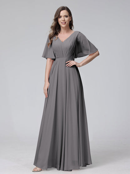 A-Line V-Neck Half Sleeves Long Chiffon Bridesmaid Dresses With Ruffles Pockets