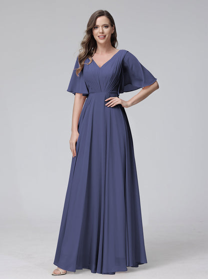 A-Line V-Neck Half Sleeves Long Chiffon Bridesmaid Dresses With Ruffles Pockets