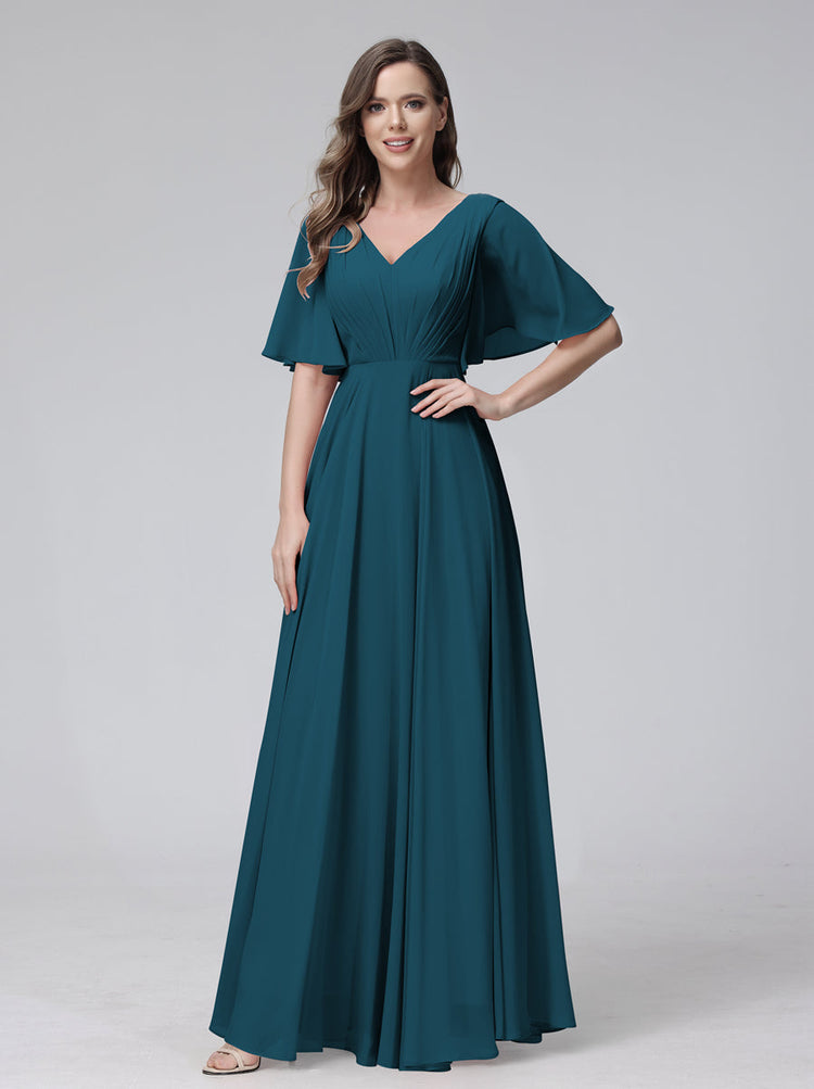 A-Line V-Neck Half Sleeves Long Chiffon Bridesmaid Dresses With Ruffle ...