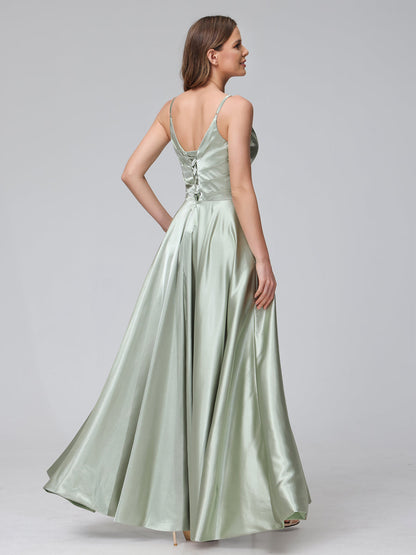 A-Line Sleeveless Long Silk Satin Bridesmaid Dresses with Pockets & Split Side