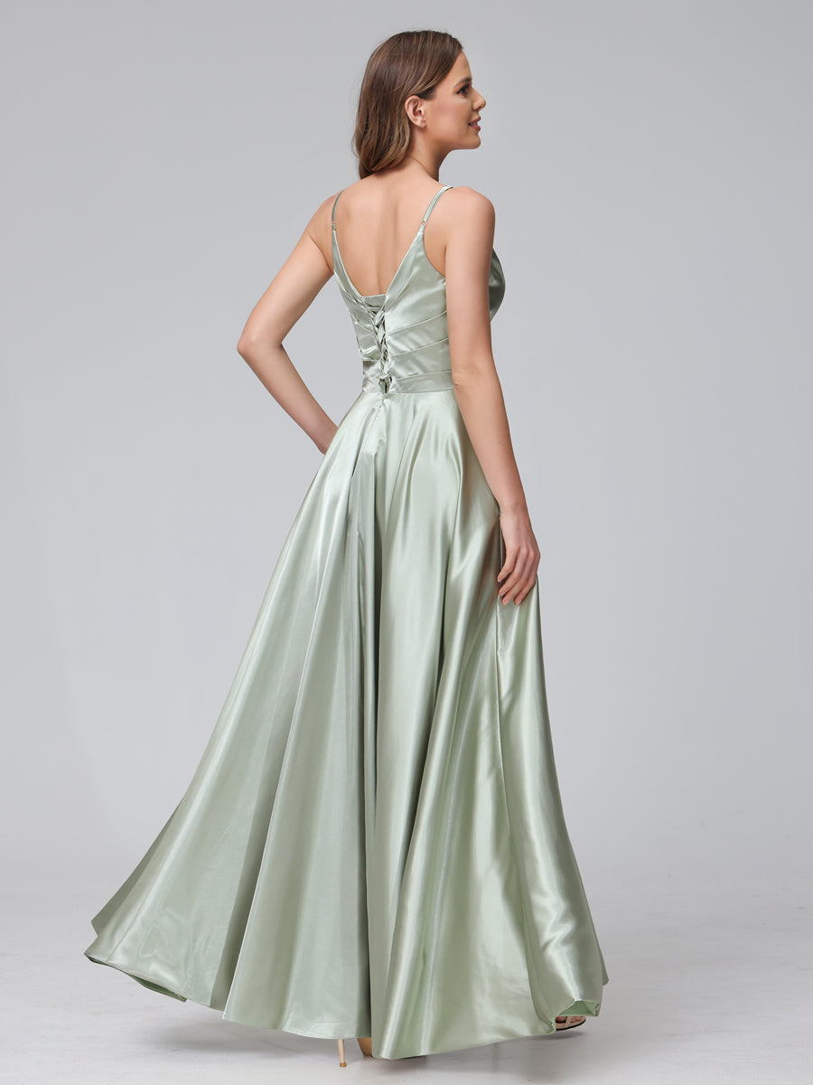 A-Line Sleeveless Long Silk Satin Bridesmaid Dresses with Pockets & Split Side