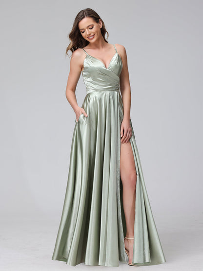 A-Line Sleeveless Long Silk Satin Bridesmaid Dresses with Pockets & Split Side