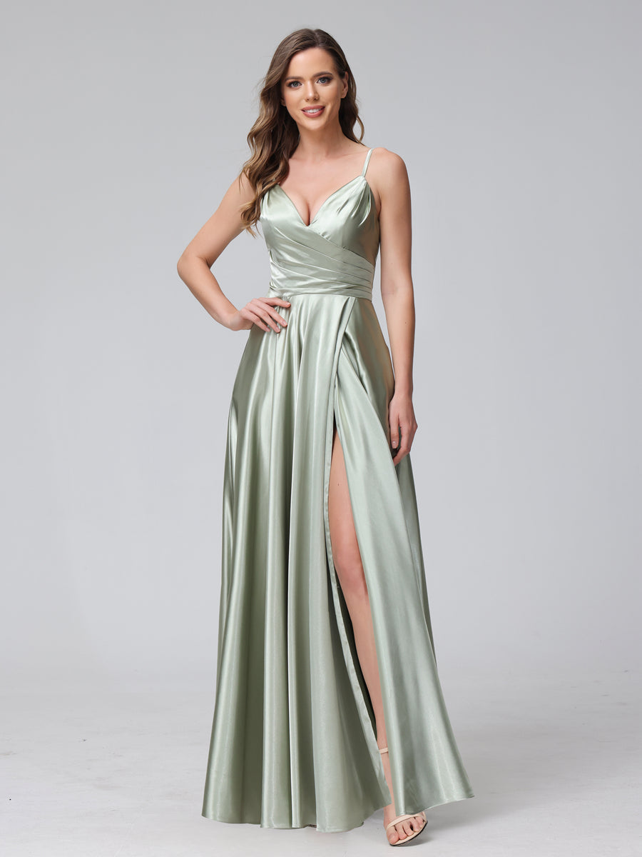 A-Line Sleeveless Long Silk Satin Bridesmaid Dresses with Pockets & Split Side