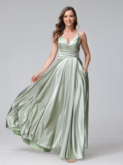 A-Line Sleeveless Long Silk Satin Bridesmaid Dresses with Pockets & Split Side