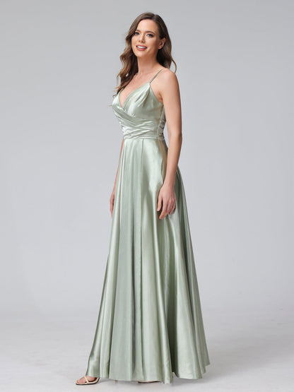 A-Line Sleeveless Long Silk Satin Bridesmaid Dresses with Pockets & Split Side