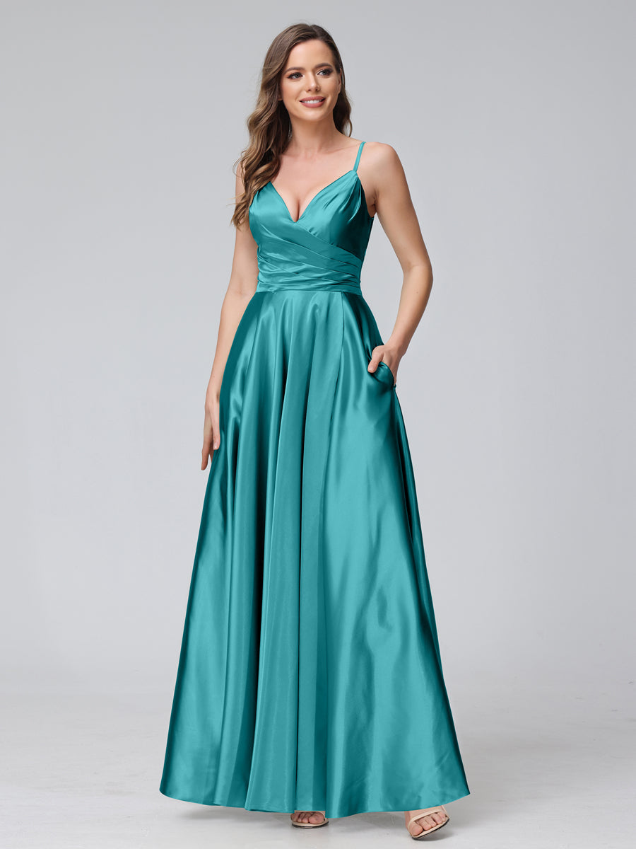 A-Line Sleeveless Long Silk Satin Bridesmaid Dresses with Pockets & Split Side