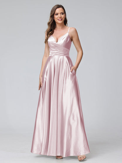 A-Line Sleeveless Long Silk Satin Bridesmaid Dresses with Pockets & Split Side