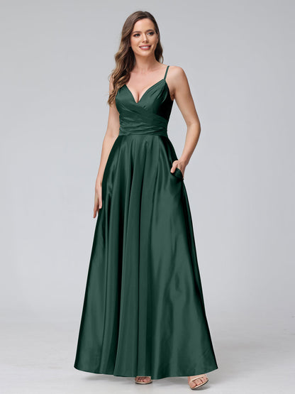 A-Line Sleeveless Long Silk Satin Bridesmaid Dresses with Pockets & Split Side