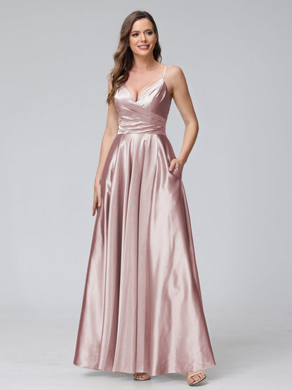 A-Line Sleeveless Long Silk Satin Bridesmaid Dresses with Pockets & Split Side