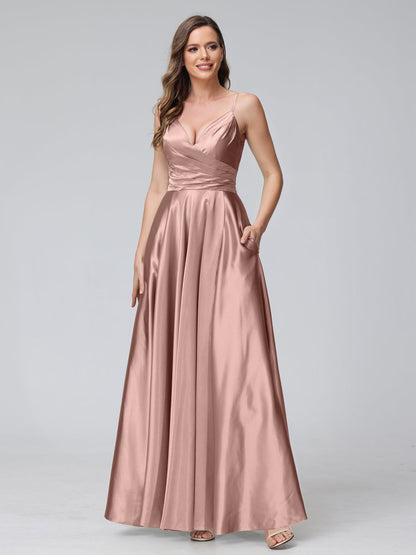 A-Line Sleeveless Long Silk Satin Bridesmaid Dresses with Pockets & Split Side