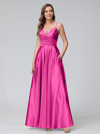 A-Line Sleeveless Long Silk Satin Bridesmaid Dresses with Pockets & Split Side