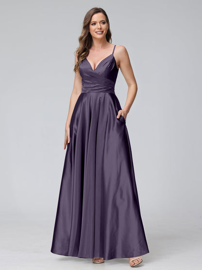 A-Line Sleeveless Long Silk Satin Bridesmaid Dresses with Pockets & Split Side