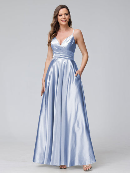 A-Line Sleeveless Long Silk Satin Bridesmaid Dresses with Pockets & Split Side