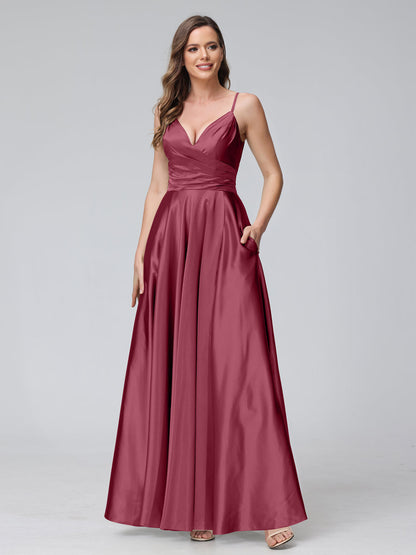 A-Line Sleeveless Long Silk Satin Bridesmaid Dresses with Pockets & Split Side