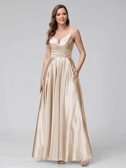 A-Line Sleeveless Long Silk Satin Bridesmaid Dresses with Pockets & Split Side