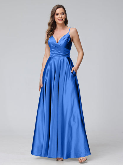 A-Line Sleeveless Long Silk Satin Bridesmaid Dresses with Pockets & Split Side