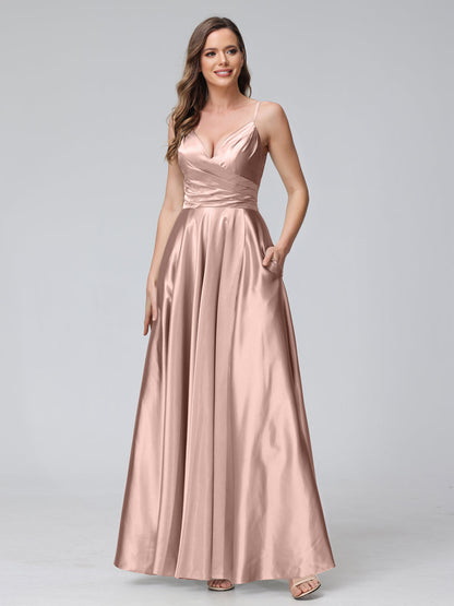 A-Line Sleeveless Long Silk Satin Bridesmaid Dresses with Pockets & Split Side