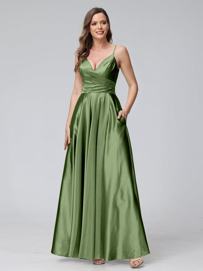 A-Line Sleeveless Long Silk Satin Bridesmaid Dresses with Pockets & Split Side