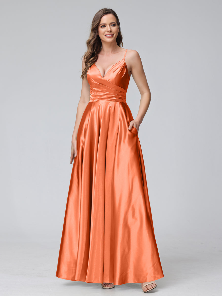 A-Line Sleeveless Long Silk Satin Bridesmaid Dresses with Pockets & Split Side