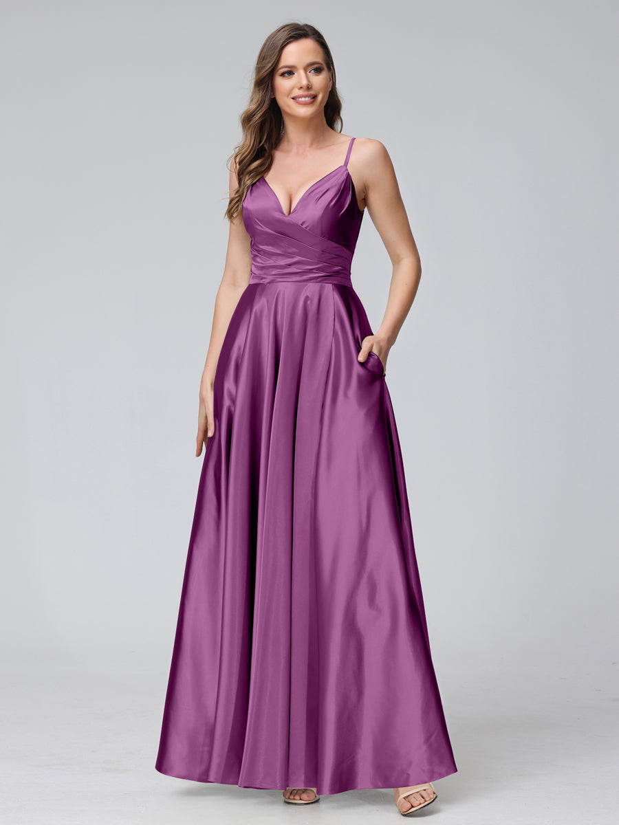 A-Line Sleeveless Long Silk Satin Bridesmaid Dresses with Pockets & Split Side