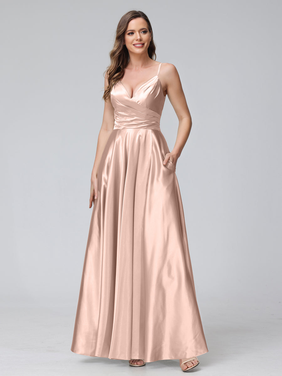 A-Line Sleeveless Long Silk Satin Bridesmaid Dresses with Pockets & Split Side