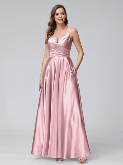 A-Line Sleeveless Long Silk Satin Bridesmaid Dresses with Pockets & Split Side