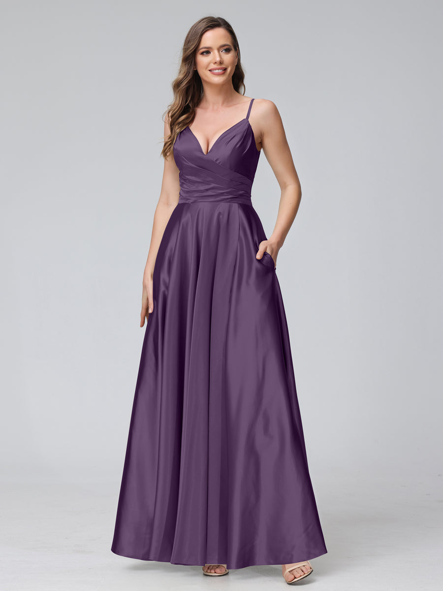 A-Line Sleeveless Long Silk Satin Bridesmaid Dresses with Pockets & Split Side