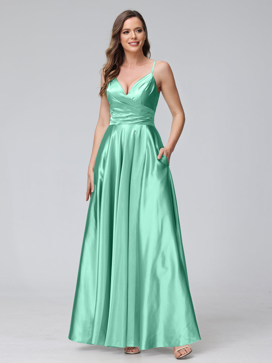 A-Line Sleeveless Long Silk Satin Bridesmaid Dresses with Pockets & Split Side