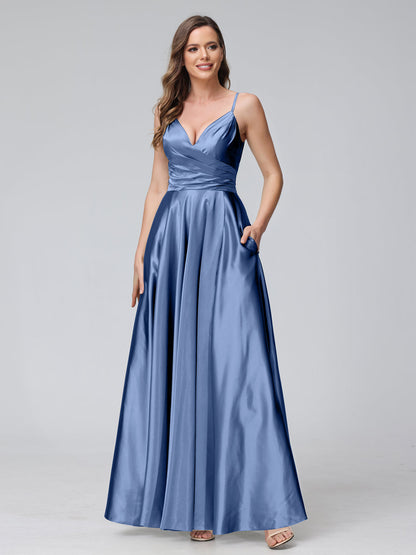 A-Line Sleeveless Long Silk Satin Bridesmaid Dresses with Pockets & Split Side