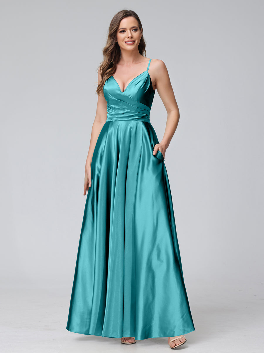 A-Line Sleeveless Long Silk Satin Bridesmaid Dresses with Pockets & Split Side