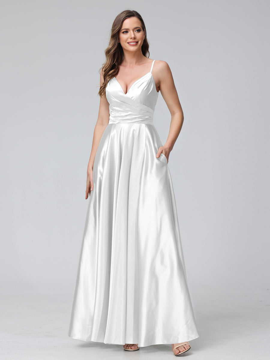 A-Line Sleeveless Long Silk Satin Bridesmaid Dresses with Pockets & Split Side