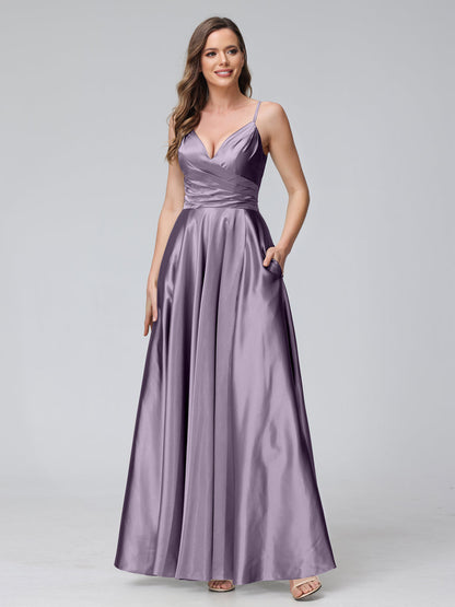 A-Line Sleeveless Long Silk Satin Bridesmaid Dresses with Pockets & Split Side