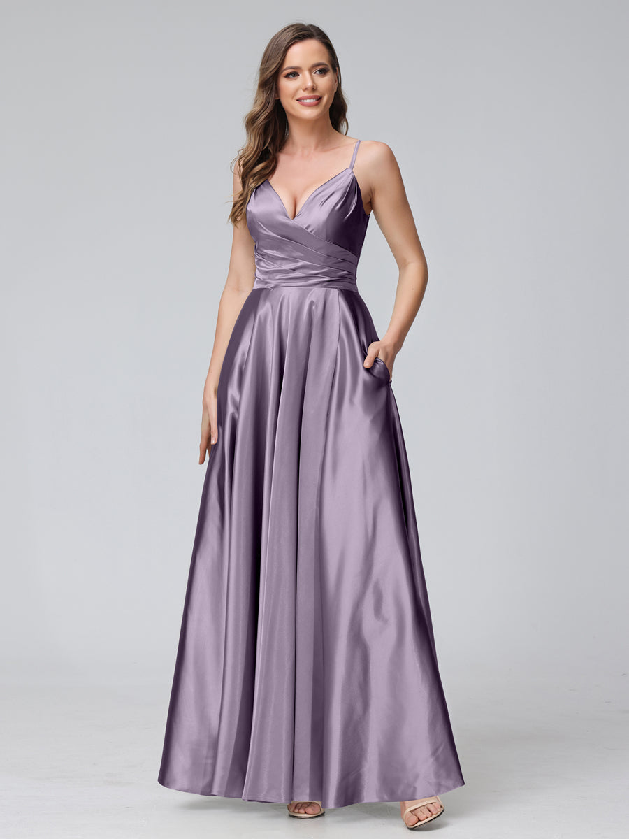 A-Line Sleeveless Long Silk Satin Bridesmaid Dresses with Pockets & Split Side