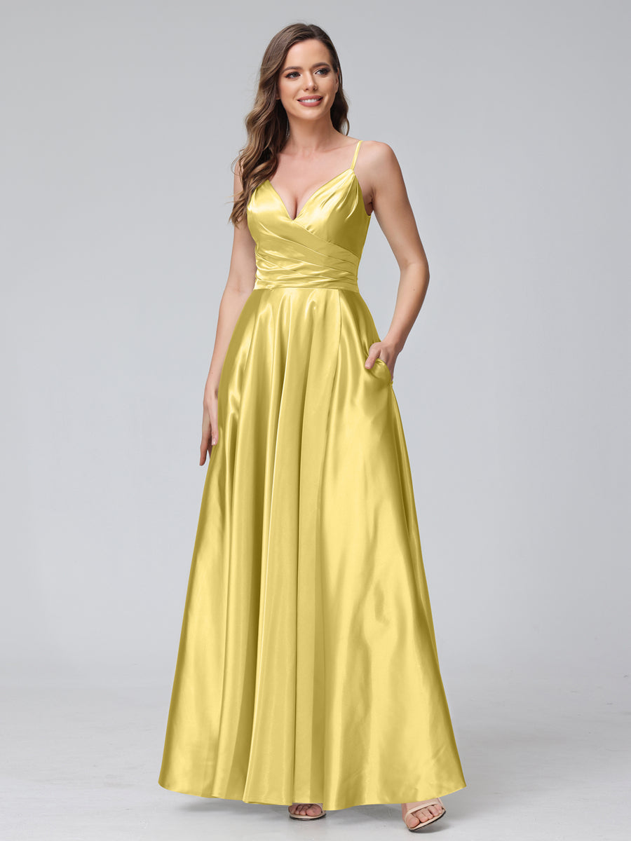 A-Line Sleeveless Long Silk Satin Bridesmaid Dresses with Pockets & Split Side