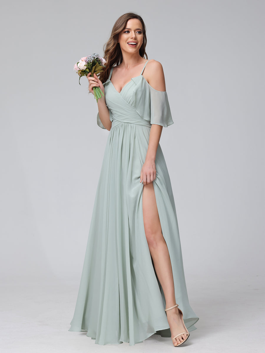 A-Line V-Neck Chiffon Long Bridesmaid Dresses With Split Side & Spaghe ...