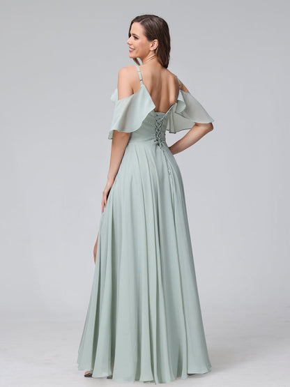 A-Line V-Neck Chiffon Long Bridesmaid Dresses With Split Side & Spaghetti Straps