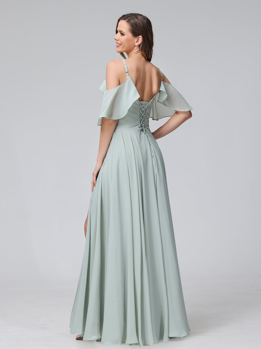 A-Line V-Neck Chiffon Long Bridesmaid Dresses With Split Side & Spaghetti Straps