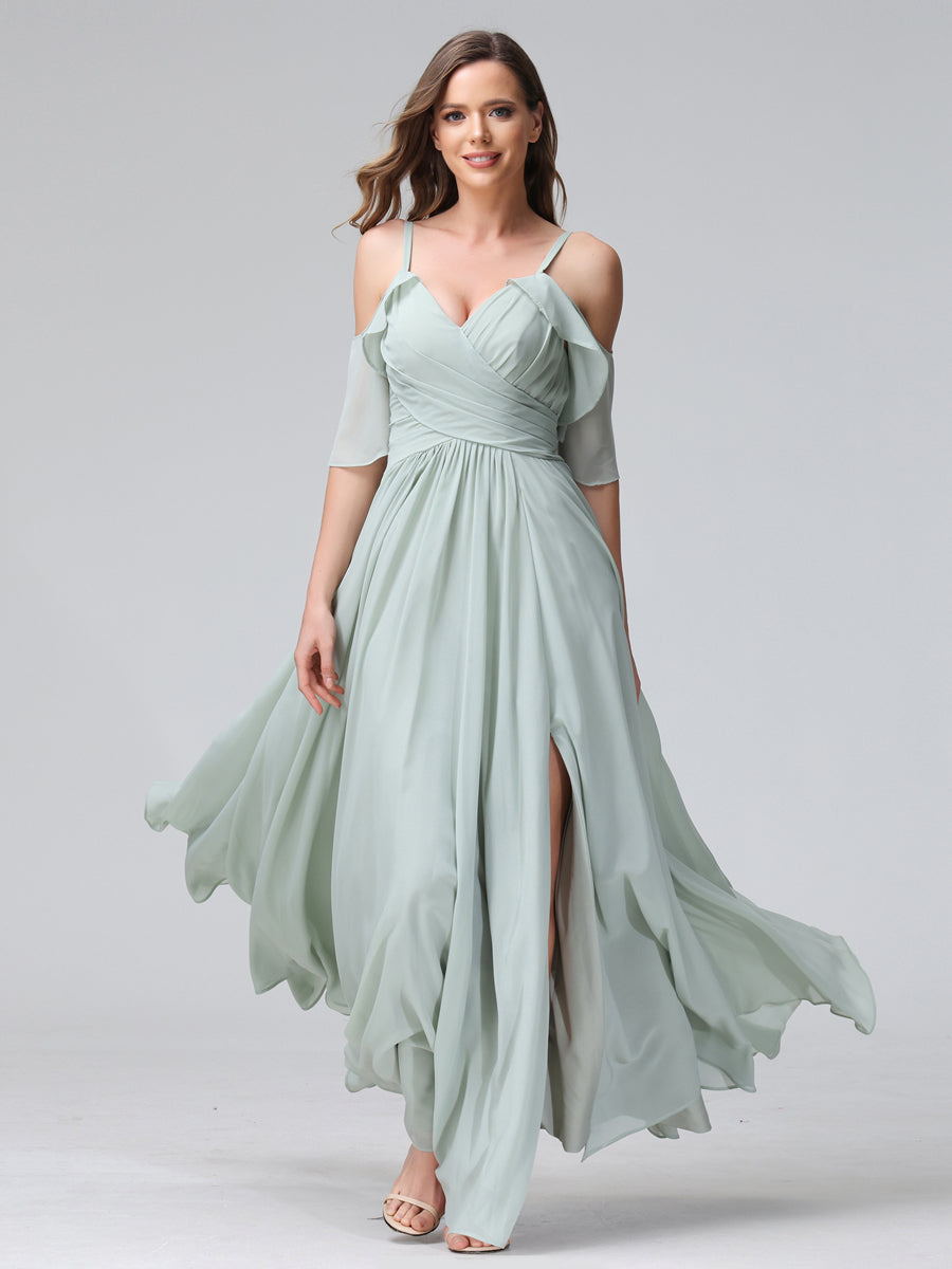 A-Line V-Neck Chiffon Long Bridesmaid Dresses With Split Side & Spaghetti Straps