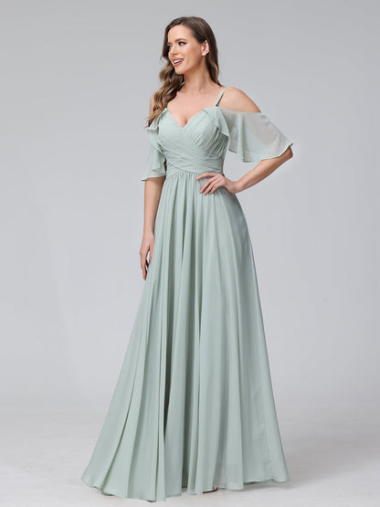 A-Line V-Neck Chiffon Long Bridesmaid Dresses With Split Side & Spaghetti Straps