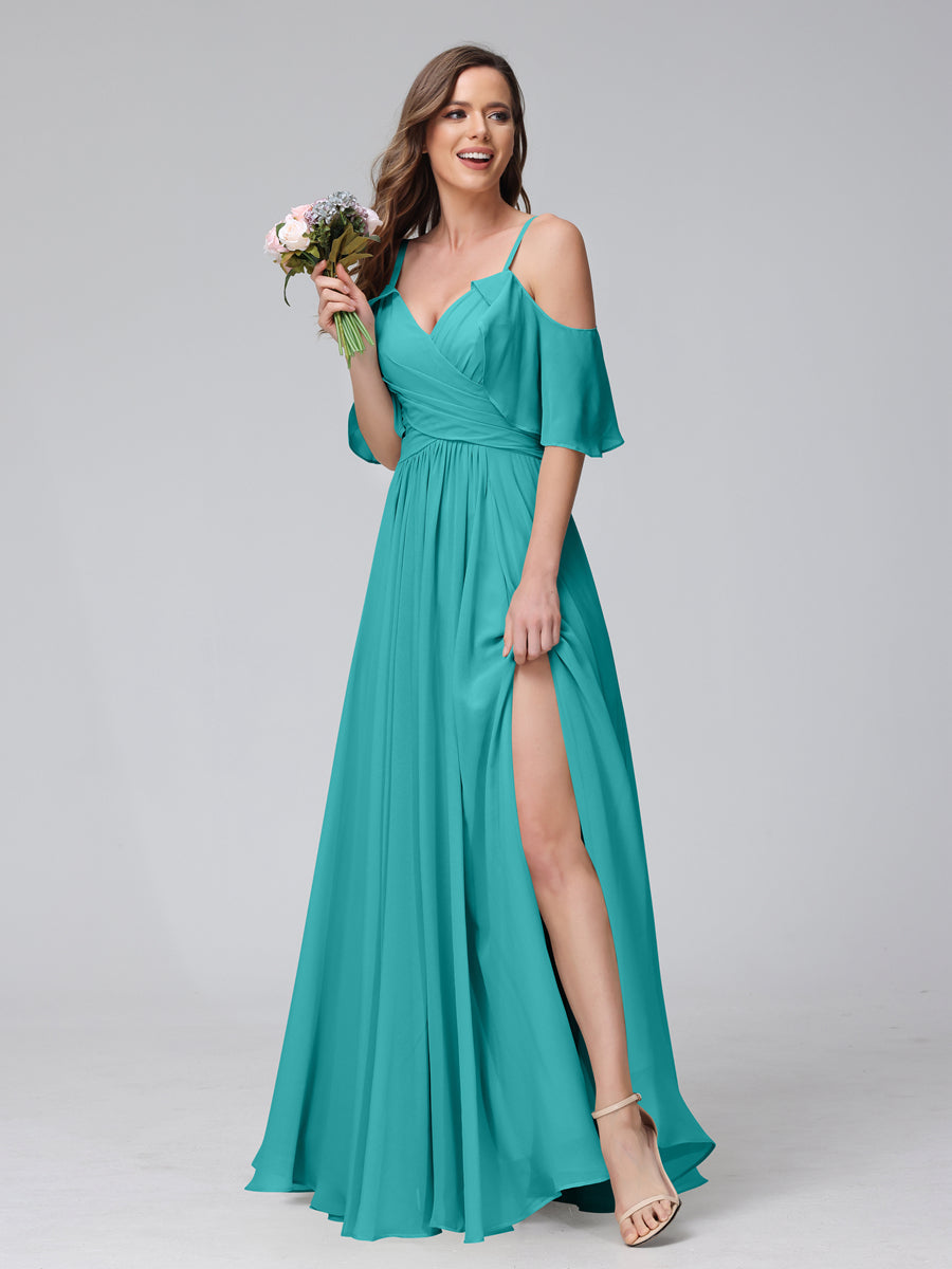 A-Line V-Neck Chiffon Long Bridesmaid Dresses With Split Side & Spaghetti Straps