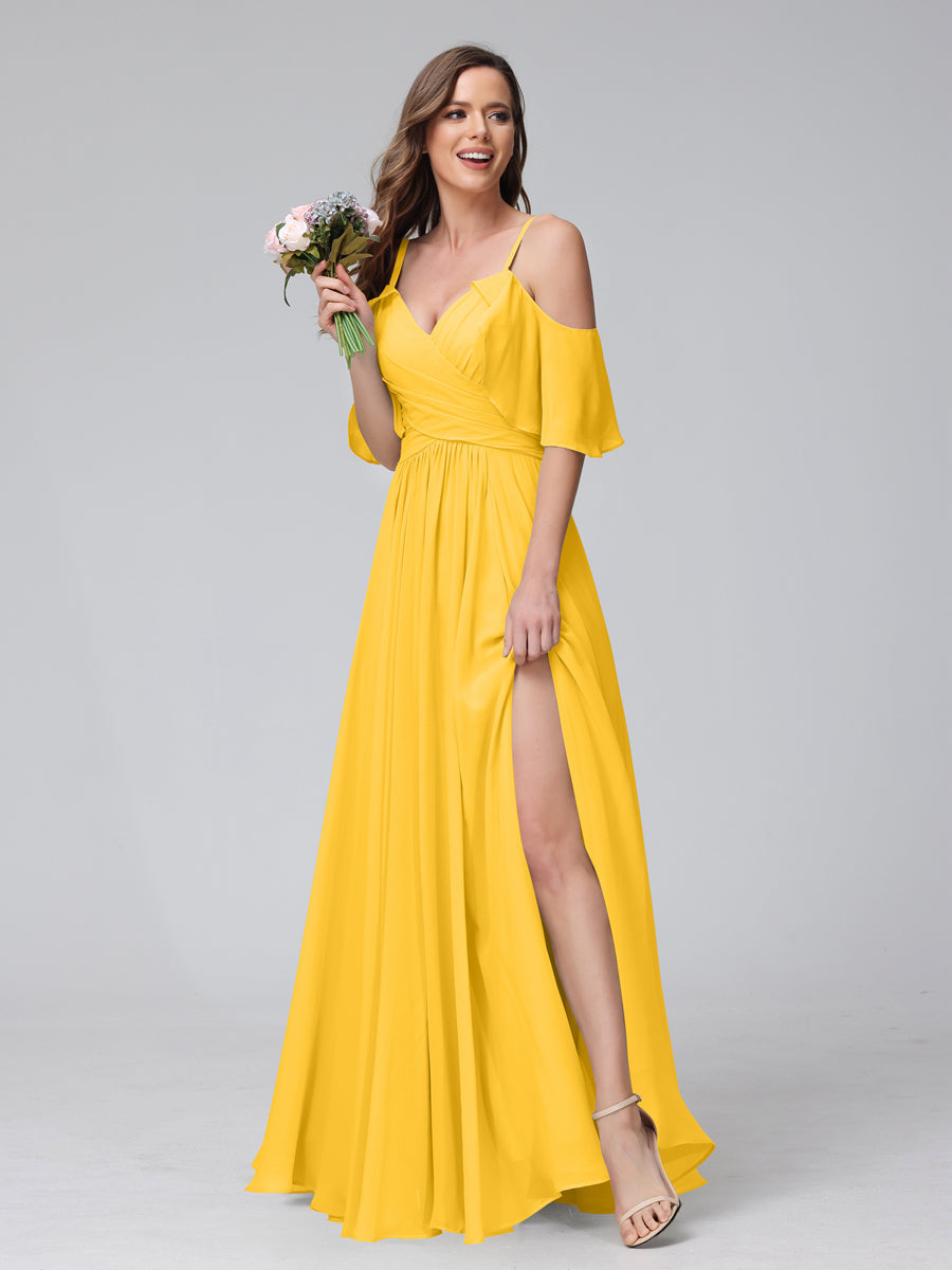 A-Line V-Neck Chiffon Long Bridesmaid Dresses With Split Side & Spaghetti Straps